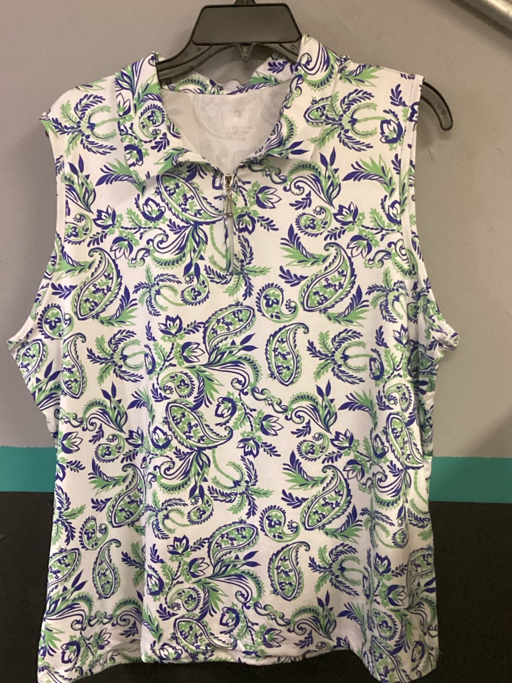 Sleeveless Zip Polo Tank Top in White with Blue & Green Paisley